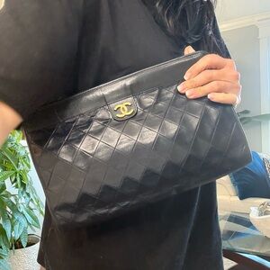 CHANEL Black Vintage Quilted Clutch with Gold 24k Logo